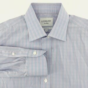 Ledbury Mens Classic Fit Long Sleeve‎ Shirt 16 Blue Pink Gingham Check Cotton